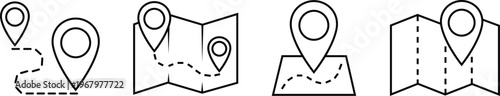 Map and location icons set in black line styles. Mapping vectors. Geolocation map path distance. GPS cartography position. Pinpoint, map search, route and navigator isolated on transparent background.