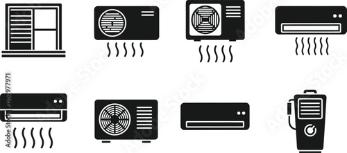 Air conditioner system and hvac icons set with climate control with black and white with split unit