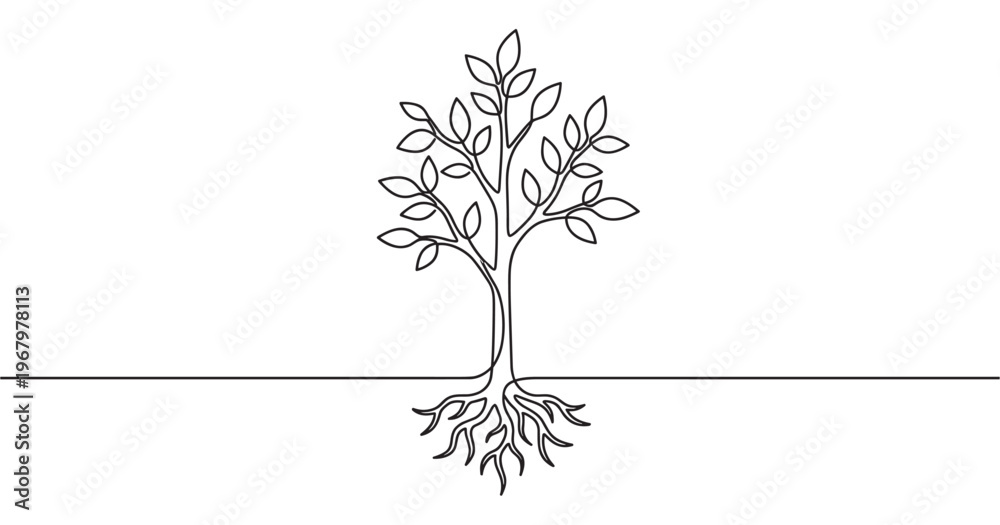Obraz premium Stylized tree with roots and leaves is depicted in a continuous single black line drawing on a clean white surface
