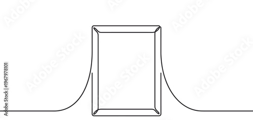Single continuous line drawing of a rectangular box with curved lines extending from its sides, creating a minimalist and abstract design