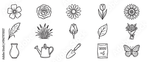 Collection of hand-drawn black and white gardening and nature icons, including various flowers, plants, and tools