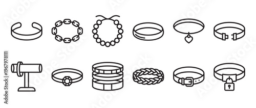 Collection of various jewelry and accessory outline icons, including bracelets, rings, and collars, presented in a clean, minimalist style