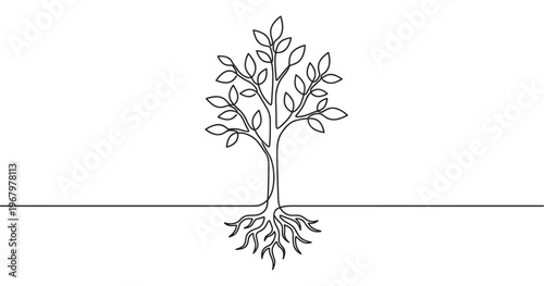 Stylized tree with roots and leaves is depicted in a continuous single black line drawing on a clean white surface