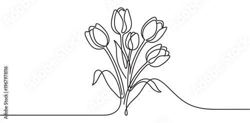 Beautiful continuous line drawing of a bouquet of five elegant tulips with delicate stems and leaves, creating a minimalist floral design