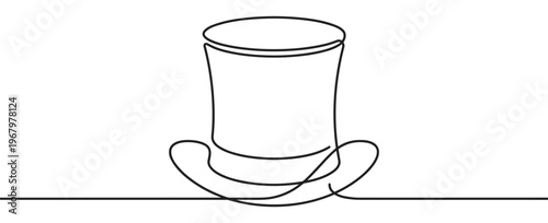 Black line art drawing of a classic top hat with a wide brim, created in a continuous line style