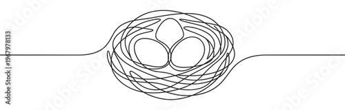 Single continuous line drawing of a bird's nest with three eggs, rendered in a minimalist black and white style