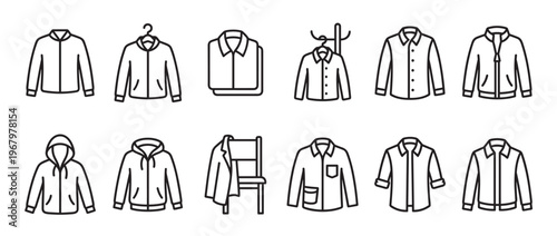 Collection of twelve black outline clothing icons, including various shirts, jackets, and hoodies with different styles