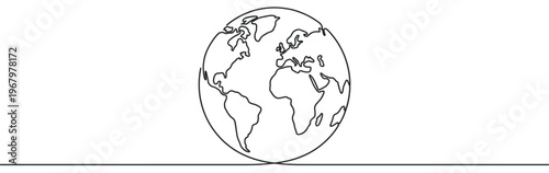 Simple black line drawing of the Earth globe with continents, featuring a minimalist continuous line art style