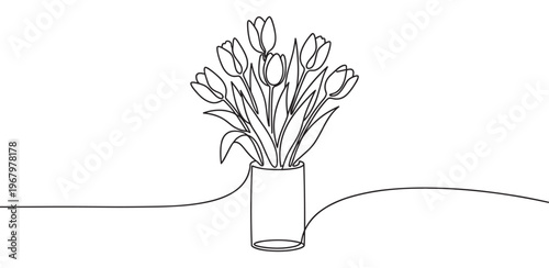 Continuous line drawing of a bouquet of tulips in a cylindrical vase, rendered in a minimalist black and white style