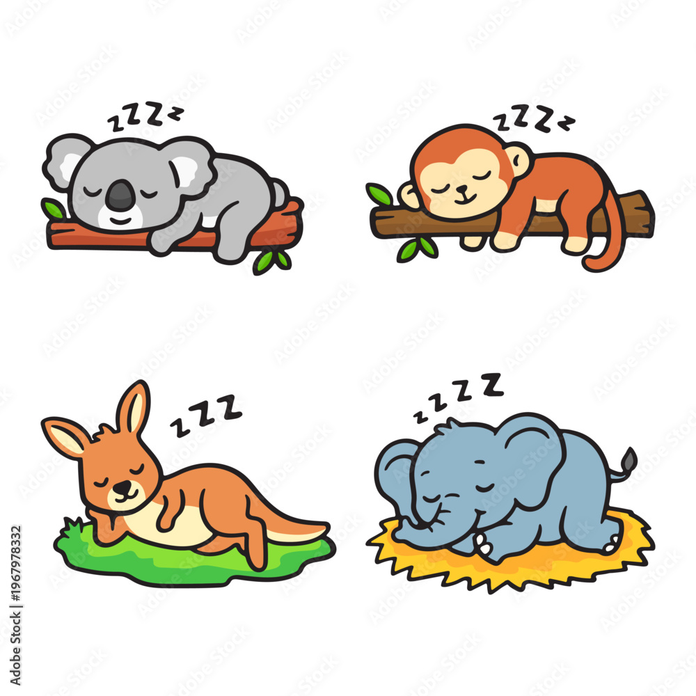 Fototapeta premium Adorable cartoon animals sleeping peacefully, showcasing cute koala, monkey, kangaroo, and elephant napping