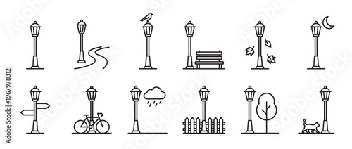 Collection of simple line art street lamp icons depicting various outdoor scenes and weather conditions