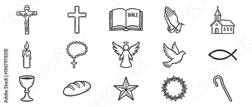 Collection of fifteen hand-drawn Christian religious symbols and icons, including a cross, Bible, praying hands, and church, in a simple doodle style