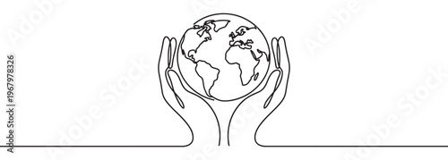 Two human hands gently holding a detailed outline of the Earth globe in a continuous line art style