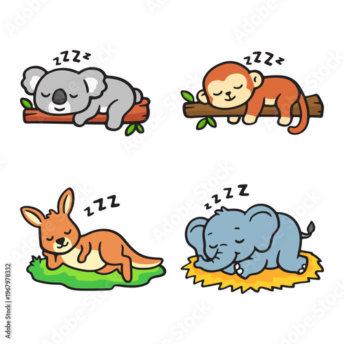 Adorable cartoon animals sleeping peacefully, showcasing cute koala, monkey, kangaroo, and elephant napping