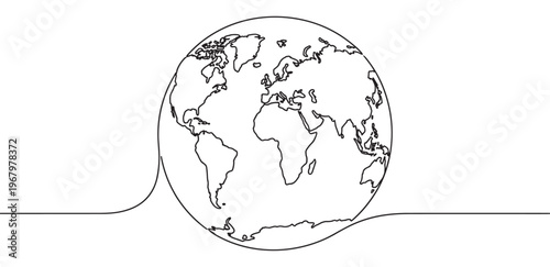 Continuous line drawing of the Earth globe showing continents, rendered in a minimalist black and white style