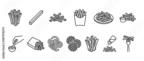 Collection of various simple black outline french fries icons, depicting different styles and serving options, presented in a clean, minimalist design