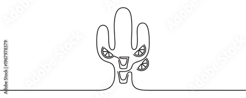 Minimalist black line art drawing of a saguaro cactus with three lemon slices and two shot glasses