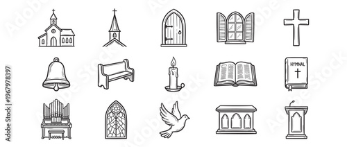 Collection of hand-drawn black and white religious icons depicting various church elements and spiritual symbols in a simple, illustrative style