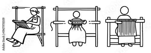 Weaver's loom person pictogram set with a minimalist design and heavy bold lines featuring textile craft symbol, illustration, graphic design with loom and weaving
