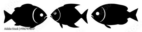 Minimalist vector icon of a fish silhouette in solid black, centered on a stark white background. The fish features a rounded body, pointed fins, and a vertical white curved line separating the hea...