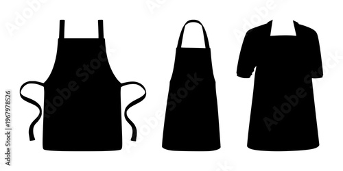 Apron kitchen silhouette set with clean line vector illustration featuring cooking apparel, kitchen tools, household items with cookware and stove top