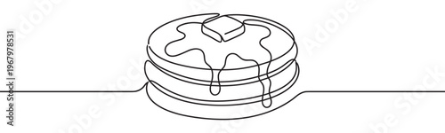 Continuous line art drawing of a stack of pancakes with butter and syrup, rendered in a minimalist style