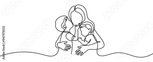 Continuous line drawing of a loving mother embracing her two children with affection and care
