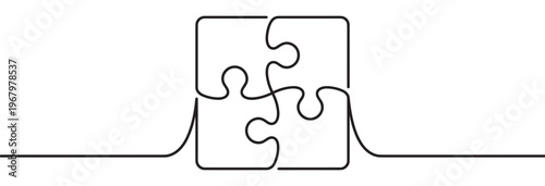 Four black outline puzzle pieces connected in a square shape, drawn with a single continuous line on a white surface