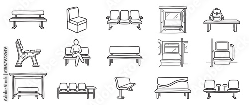 Collection of various hand-drawn public seating benches and chairs in a simple black and white outline style