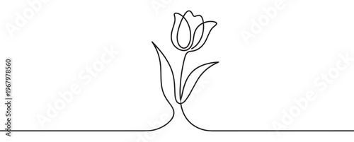 Single continuous line drawing of a beautiful tulip flower with two leaves, showcasing minimalist elegance and artistic simplicity
