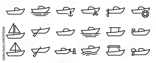 Collection of various outline boat icons, including sailboats, motorboats, and rowboats, presented in a clean, minimalist style