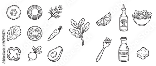 Various hand-drawn black and white salad ingredients, including vegetables, herbs, dressing, and a fork, are neatly arranged