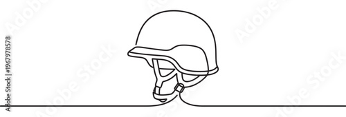 Single continuous line drawing of a military helmet with a chin strap, rendered in a minimalist black and white style