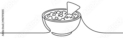 Single continuous line drawing depicts a bowl of chunky salsa with a tortilla chip dipped inside, presented in a minimalist art style