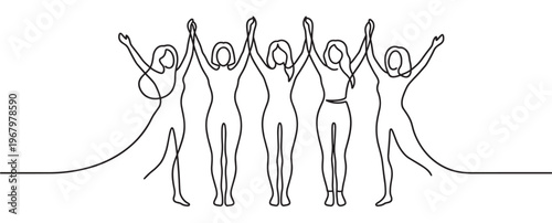 Six diverse women standing together with raised hands, drawn in a continuous line art style, symbolizing unity and empowerment