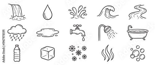 Collection of hand-drawn black and white doodle icons illustrating various water-related elements and concepts in a simple style