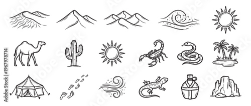 This collection of hand-drawn desert elements features various iconic symbols like camels, cacti, scorpions, and sand dunes, rendered in a simple, artistic doodle style