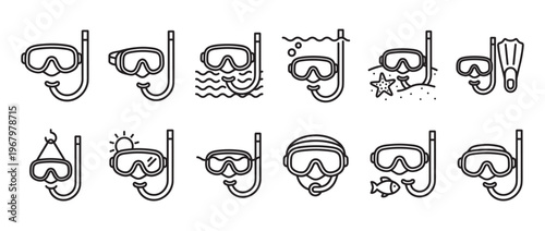 Collection of black outline icons depicting various snorkel masks and diving equipment for water activities