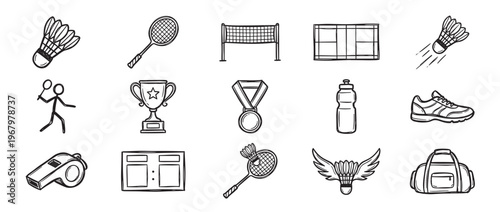 Collection of hand-drawn black and white doodle icons representing various badminton equipment and related items in a simple, graphic style