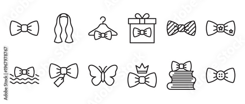 Collection of various bow tie themed outline icons, including a gift box, hanger, and crown, presented in a clean, minimalist style