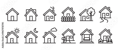 Collection of simple black line art house icons depicting various home scenarios and elements