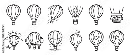 Collection of hand-drawn hot air balloon icons in various styles and flight stages, depicted with charming simplicity