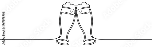 Two continuous line art beer glasses with frothy heads are clinking together in a celebratory gesture, depicted with a minimalist aesthetic
