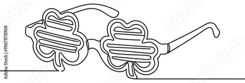 Continuous line drawing of fun novelty shamrock sunglasses, perfect for St. Patrick's Day celebrations, rendered in a clean, minimalist style