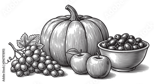 Detailed black and white woodcut illustration features a large pumpkin, a bunch of grapes, two apples, and a bowl of olives, showcasing a classic harvest still life