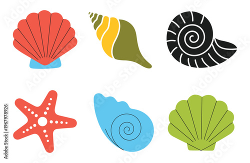 Set of six colorful flat featuring various seashells and a starfish isolated on a white background with simple shapes and clean outlines