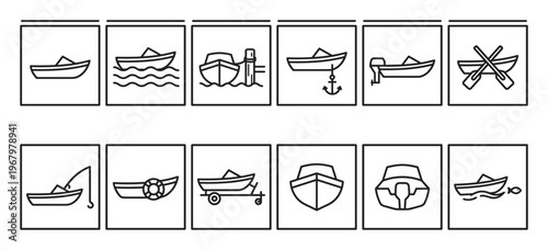 Collection of twelve black outline boat icons, depicting various watercraft and marine activities in a clean, minimalist style