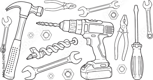 Collection of hand drawn construction tools and hardware on transparent background.