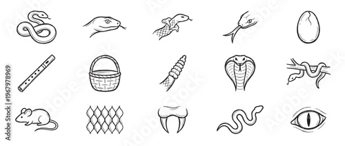 Collection of hand-drawn snake-related icons, including various snake poses, a flute, basket, and other elements, rendered in a sketchy black and white style