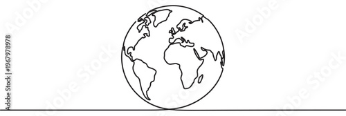 Continuous line drawing of the Earth globe shows the continents of Europe, Africa, and the Americas, rendered in a minimalist black outline style